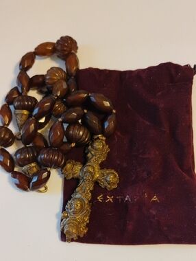EXTASIA Hand-Cast Bronze Ornate Rose Cross Beaded Necklace – Victorian Revival